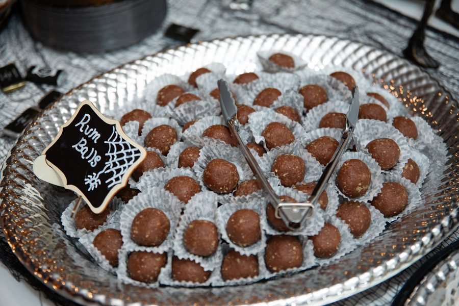 Rum balls arranged on a silver tray at a Maravela's event