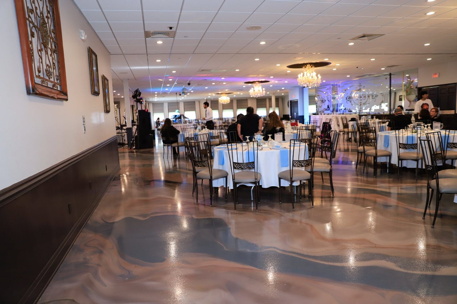 The ballroom set for a celebration on the new marbled floor at Maravela's