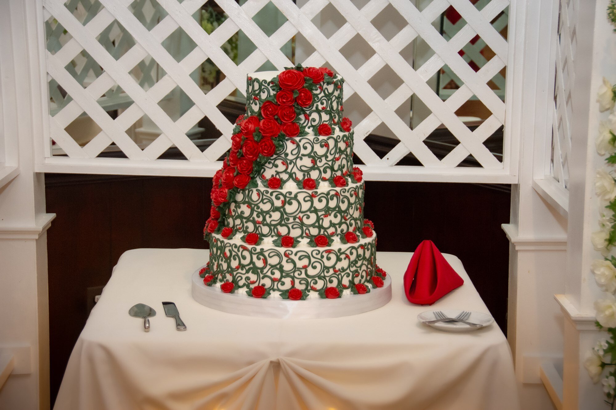 Tiered wedding cake on display